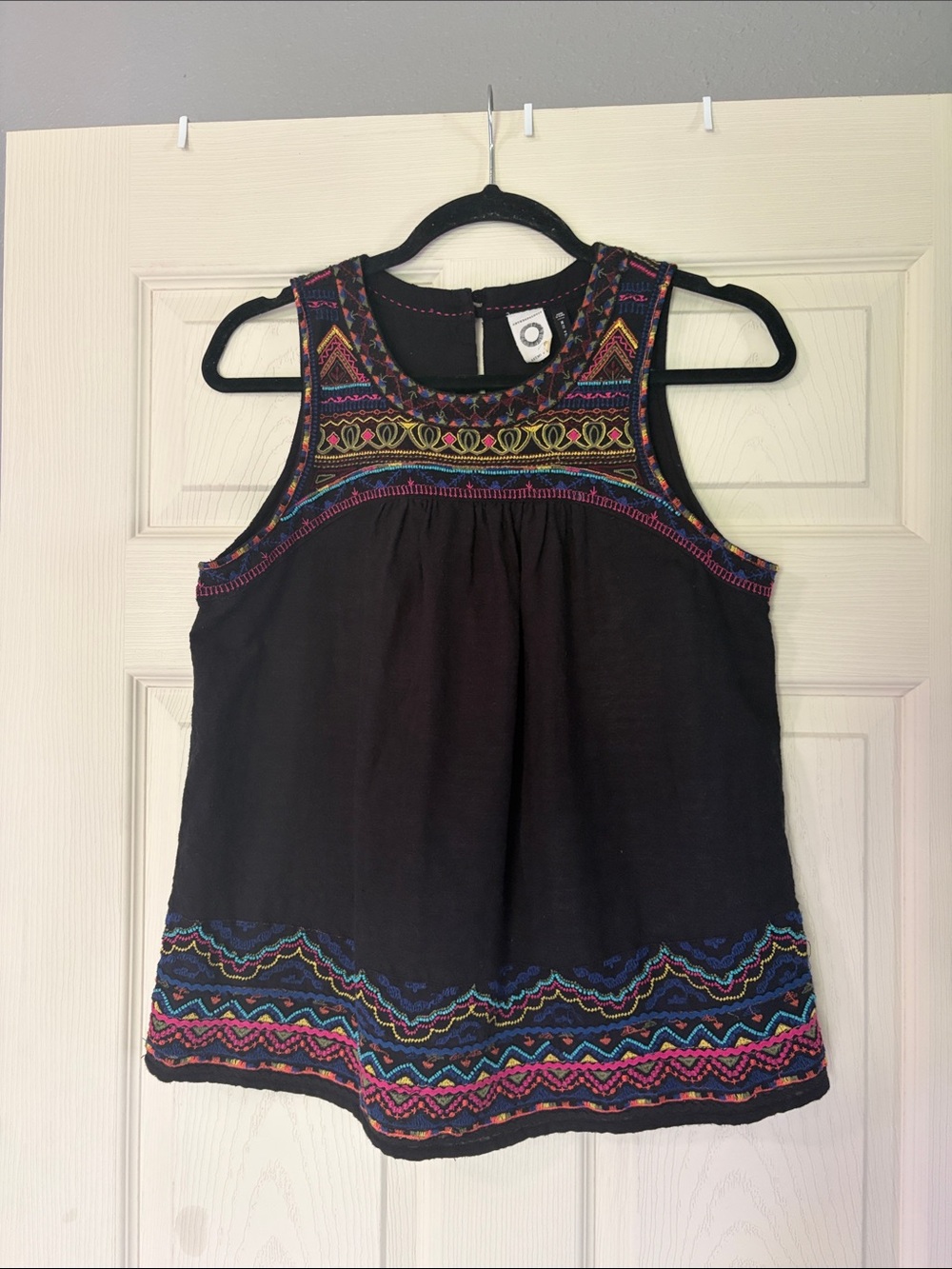 Anthropologie Black Tank Top with Multicolor Embroidery